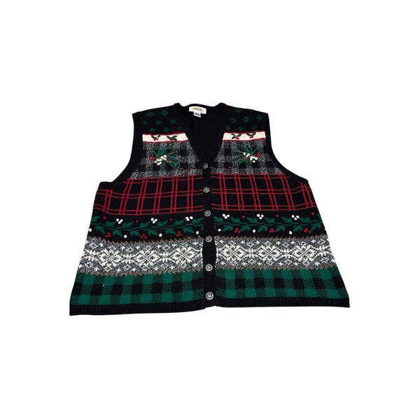 VTG TALBOTS Petite Holiday Christmas Granny HOLLY BERRY Button-Up SWEATER VEST L - Picture 1 of 9